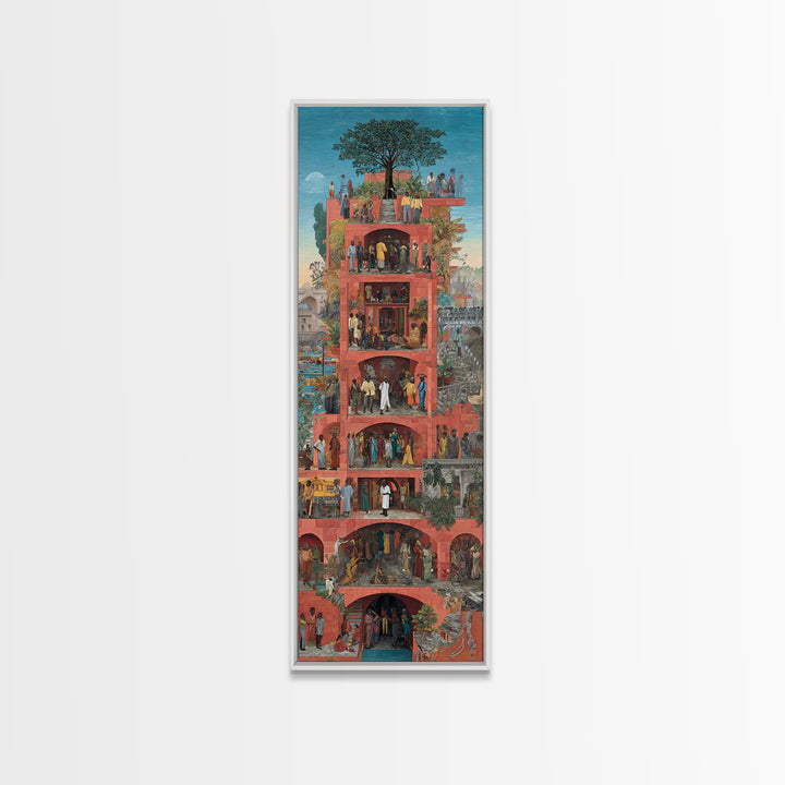 Red Vertical Community Tower Canvas Print, African City Life Wall Art, Tree Rooftop Garden, Cultural Home Decor Gift For Her