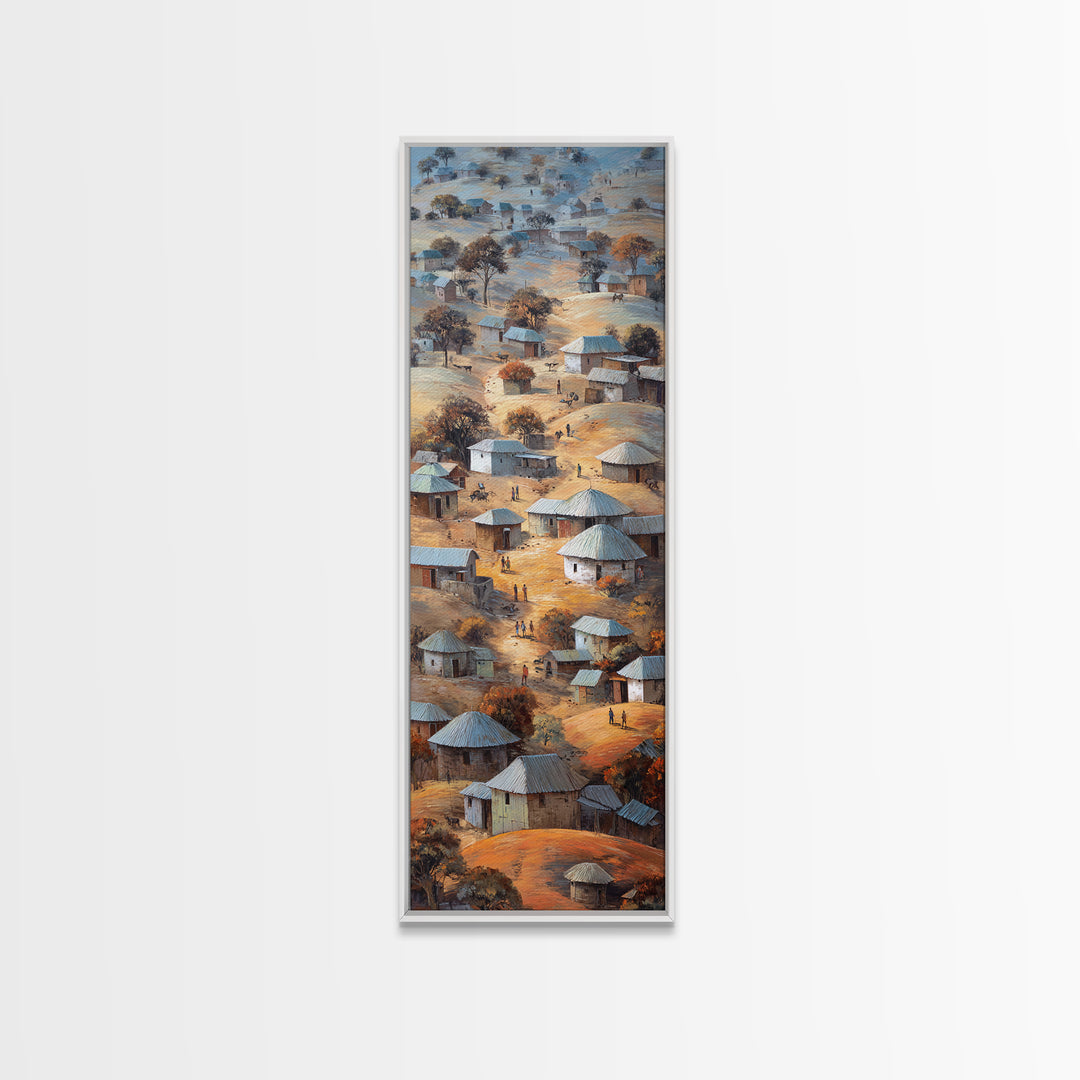 Round Hut African Village Wall Art, Aerial Tribal Landscape Painting, Earth Tone Canvas, Authentic Africa Home Decor, Gift