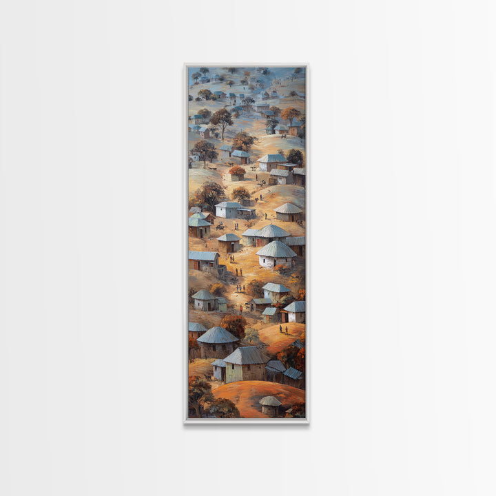 Round Hut African Village Wall Art, Aerial Tribal Landscape Painting, Earth Tone Canvas, Authentic Africa Home Decor, Gift
