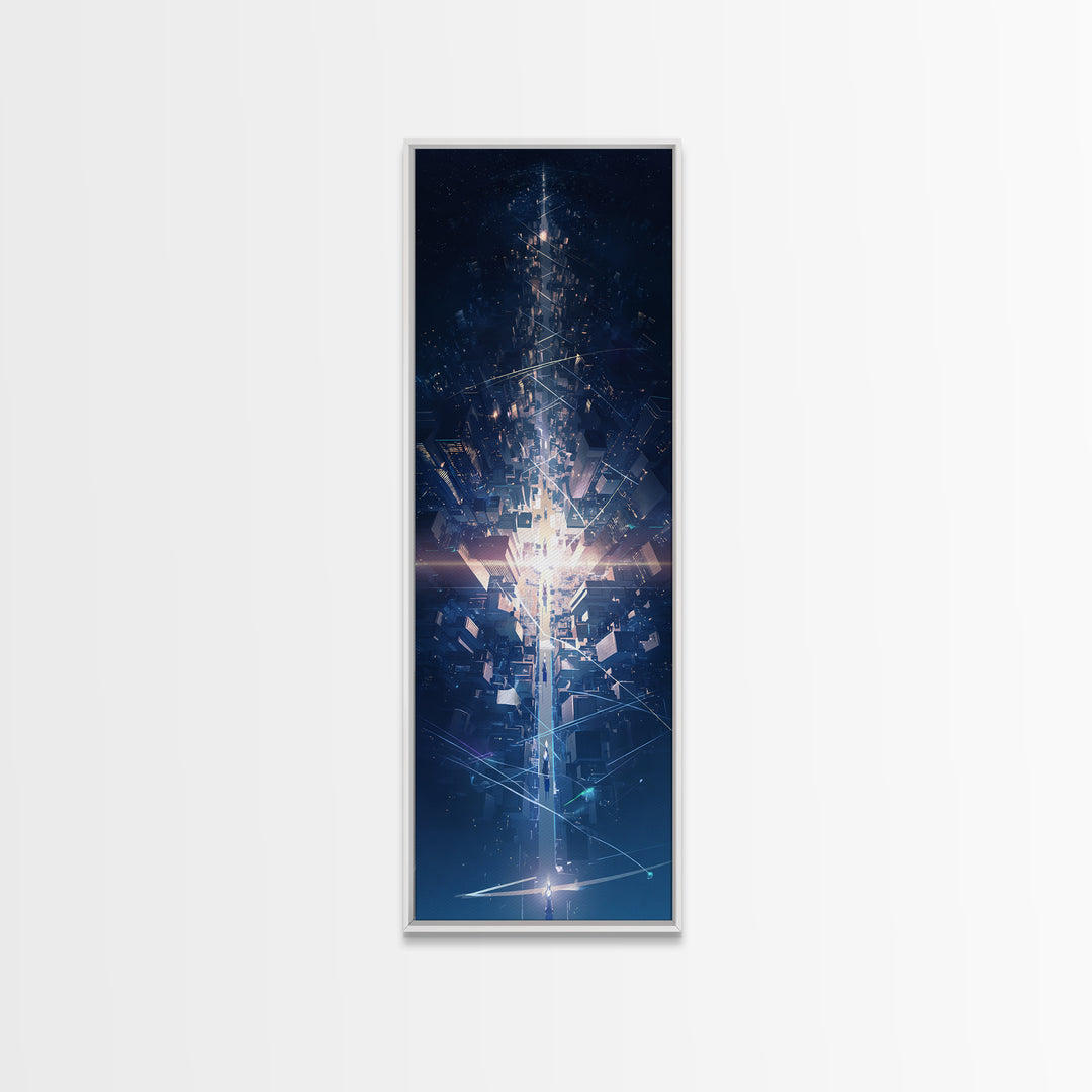 Futuristic Blue Light Tower In Dark Digital City, Canvas Print, Modern Abstract Wall Art, Afrofuturism Office Decor Gift