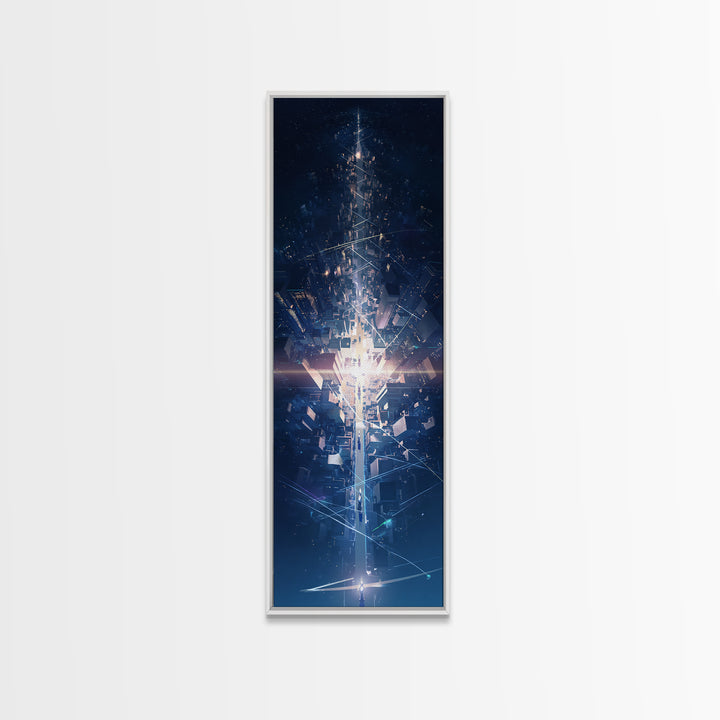 Futuristic Blue Light Tower In Dark Digital City, Canvas Print, Modern Abstract Wall Art, Afrofuturism Office Decor Gift