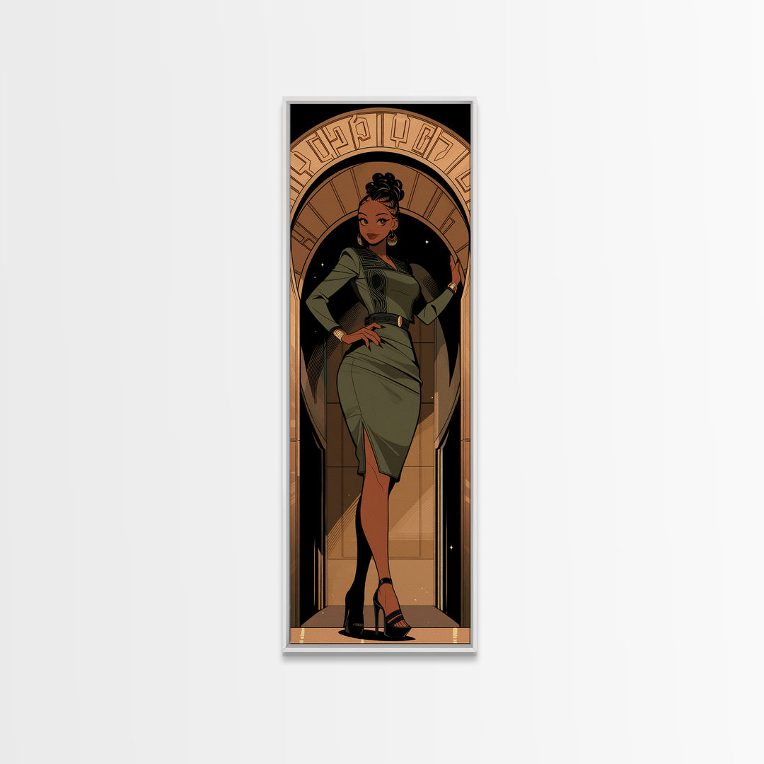 Elegant Black Woman In Green Dress Framed Canvas Print, Afrocentric Wall Art, Fashion Portrait, Black Beauty Home Decor, Gift