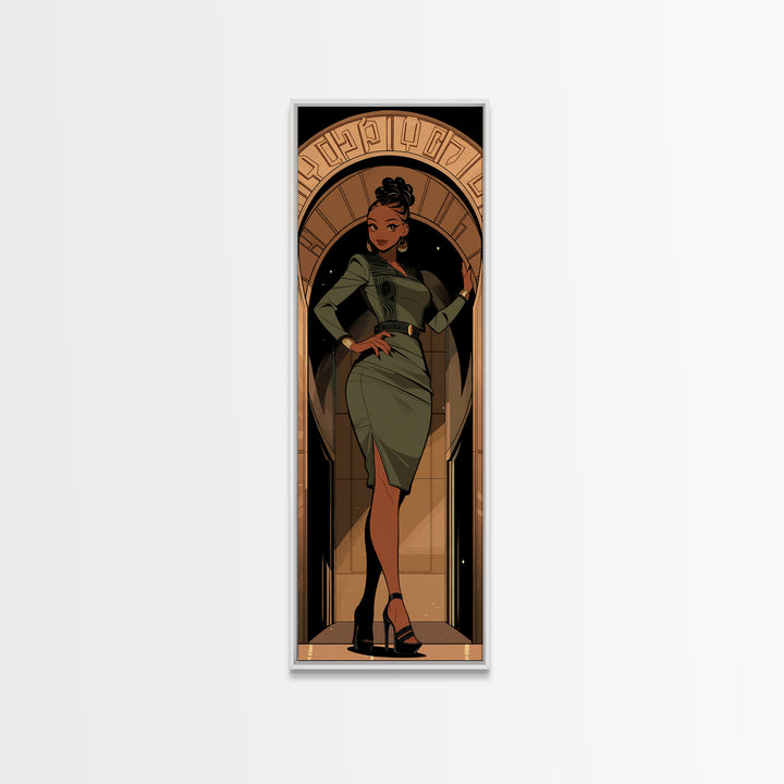Elegant Black Woman In Green Dress Framed Canvas Print, Afrocentric Wall Art, Fashion Portrait, Black Beauty Home Decor, Gift