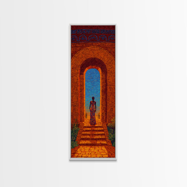 African Woman In Ornate Arch Wall Art, Blue Sea Doorway Painting, Afrocentric Decor, Cultural Travel Canvas Print Gift Idea