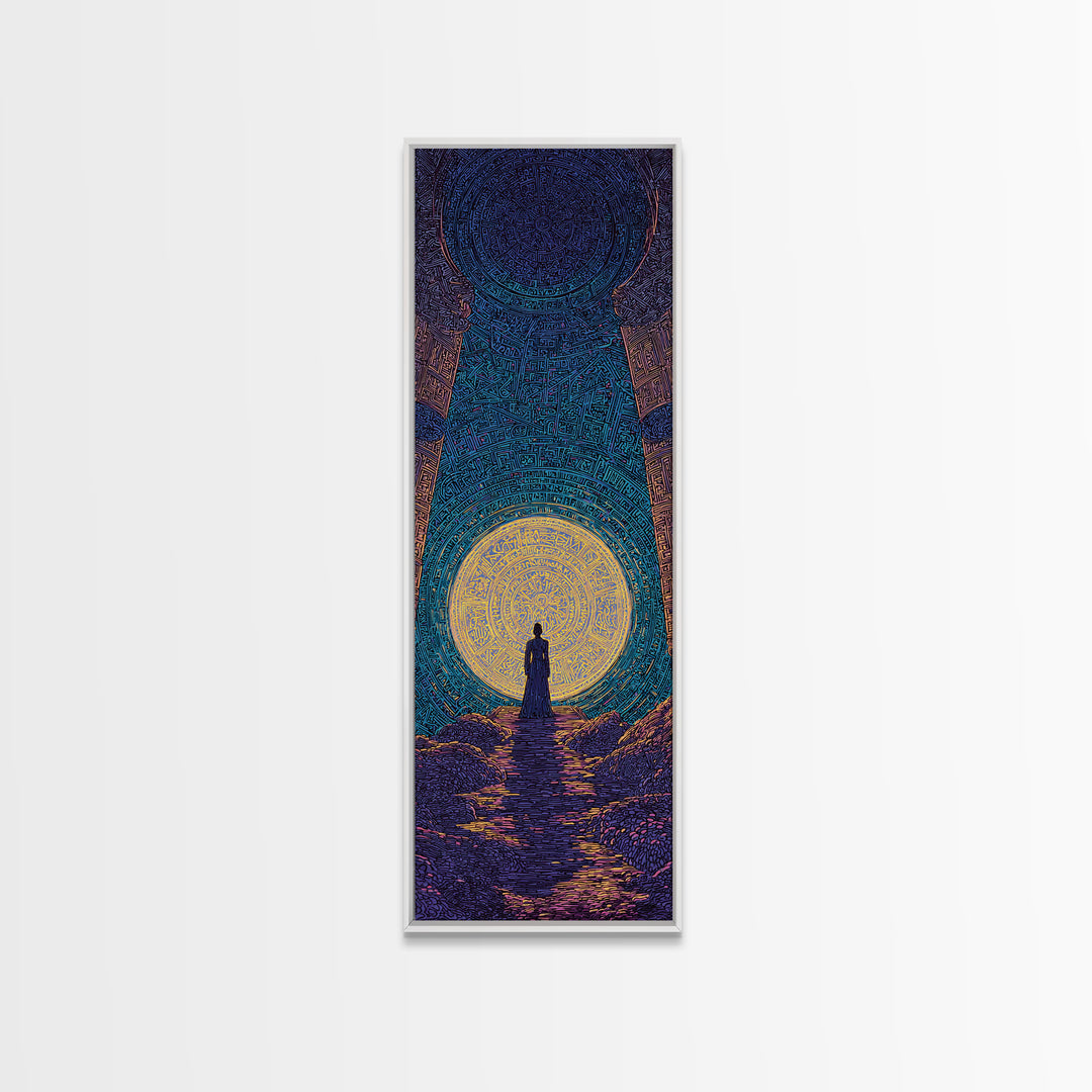 Mystic African Woman Before Glowing Sun Wall Art, Spiritual Cave Portal, Afrocentric Landscape, Dreamy Black Culture Decor