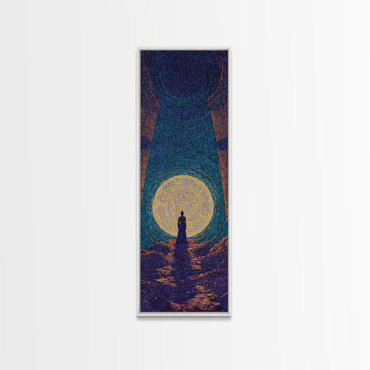 Mystic African Woman Before Glowing Sun Wall Art, Spiritual Cave Portal, Afrocentric Landscape, Dreamy Black Culture Decor