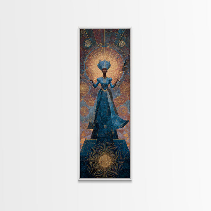 Blue African Goddess With Crown And Radiant Halo Framed Canvas Print, Black Queen Portrait, Afrocentric Luxury Wall Decor