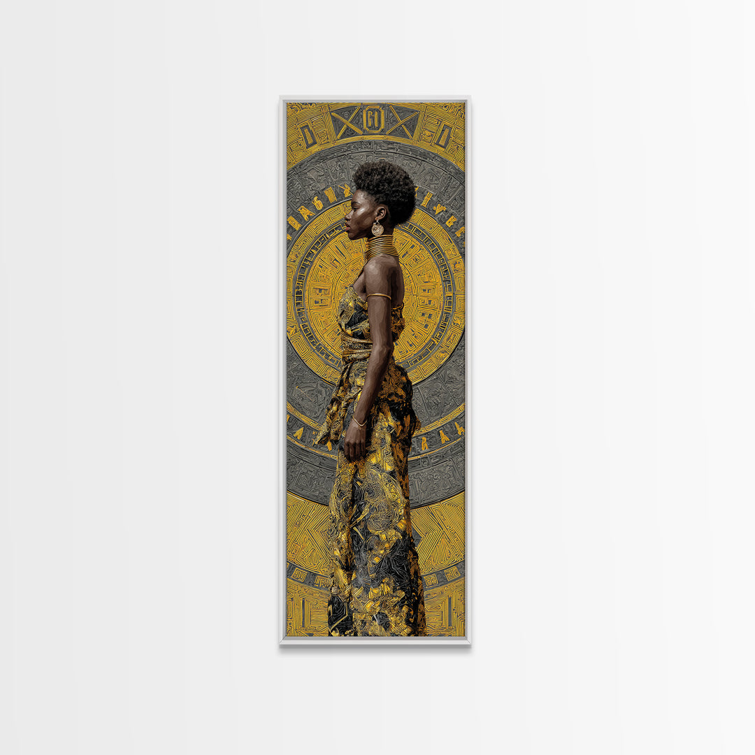 Elegant Black Woman In Gold Dress Canvas Print, African Portrait Wall Art, Afrocentric Fashion Decor, Modern Cultural Gift