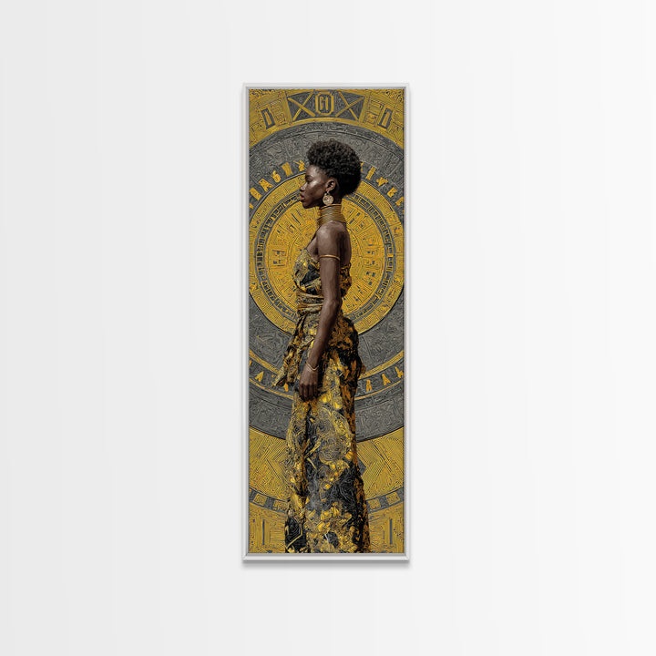 Elegant Black Woman In Gold Dress Canvas Print, African Portrait Wall Art, Afrocentric Fashion Decor, Modern Cultural Gift