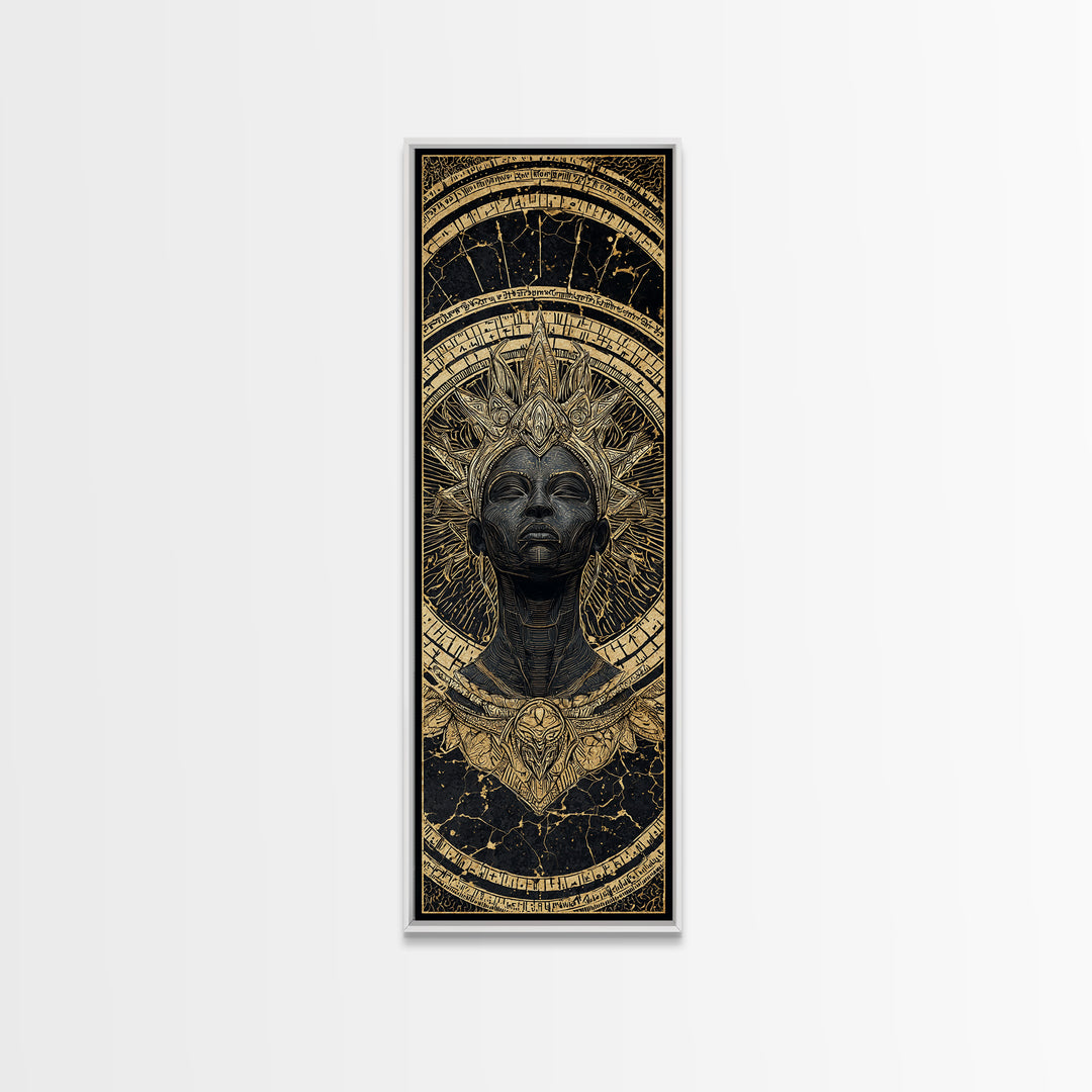 Ancient Black Queen With Golden Crown Framed Canvas Print, African Mask Inspired Portrait, Afrocentric Luxury Wall Decor
