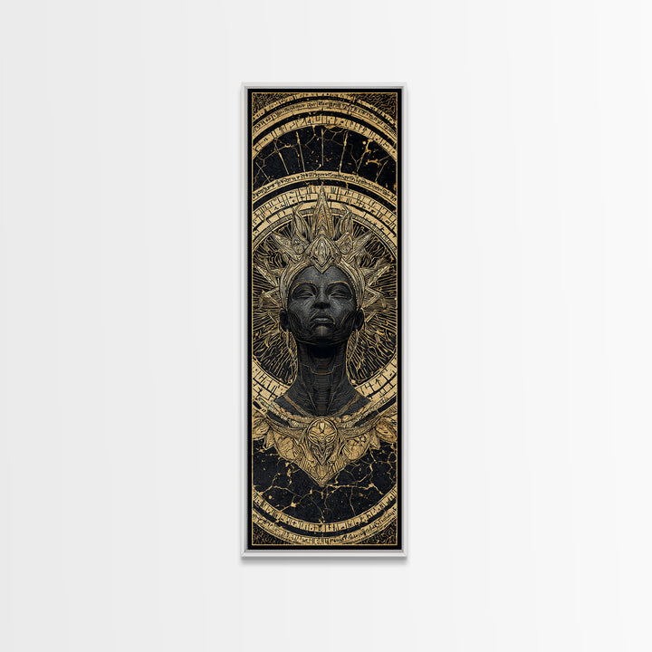 Ancient Black Queen With Golden Crown Framed Canvas Print, African Mask Inspired Portrait, Afrocentric Luxury Wall Decor