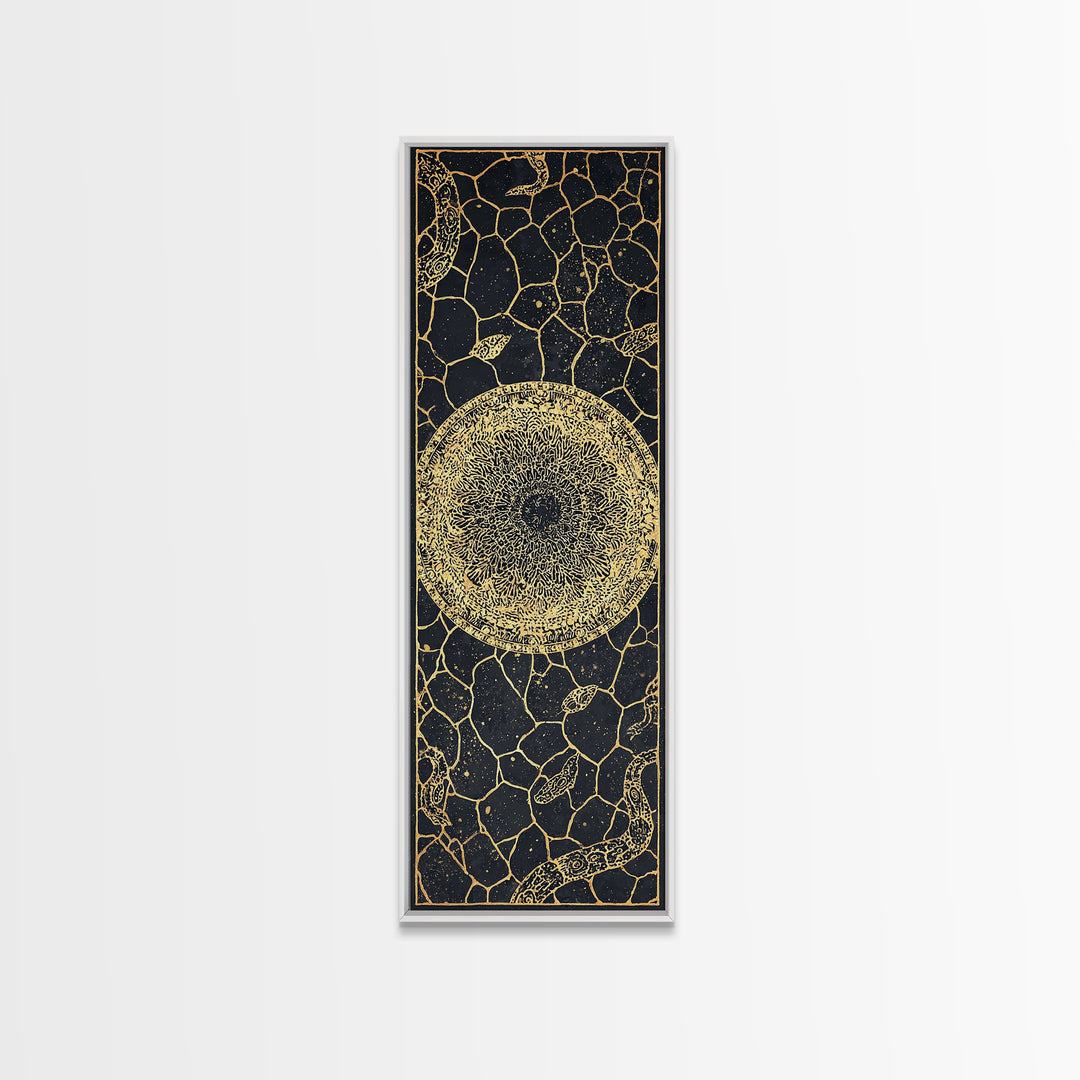 Golden Celestial Sun Orb On Black Stone Wall Art, African Abstract Pattern, Spiritual Minimalist Decor, Luxury Canvas Gift