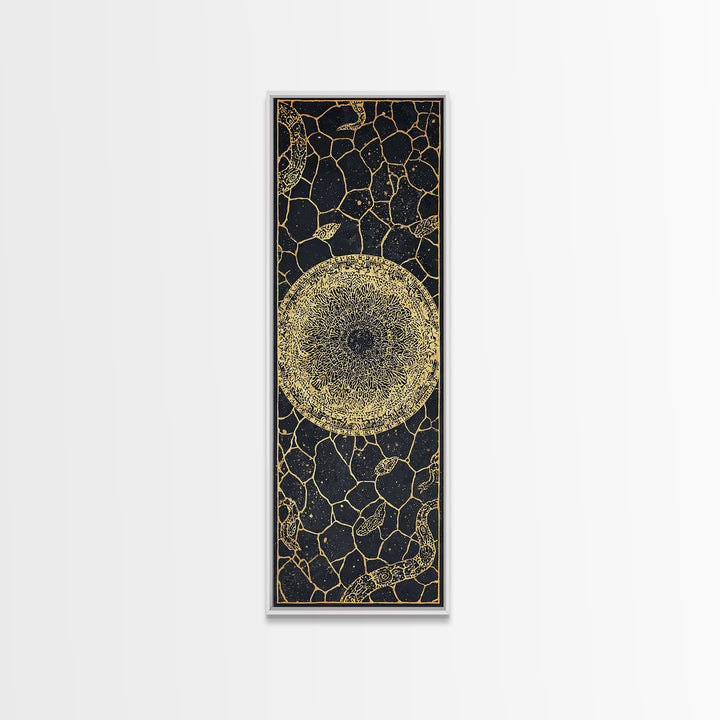 Golden Celestial Sun Orb On Black Stone Wall Art, African Abstract Pattern, Spiritual Minimalist Decor, Luxury Canvas Gift