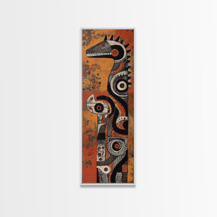 Textured African Totem Horse Framed Canvas Print, Tribal Mask Wall Art, Orange Black Decor, Cultural Statement Artwork Gift