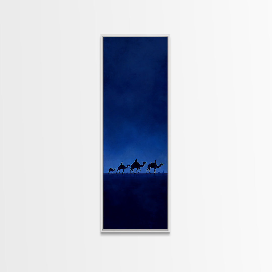 Minimal Blue Camel Caravan Wall Art, African Desert Landscape Print, Safari Decor, Boho Travel Canvas For Calm Living Room