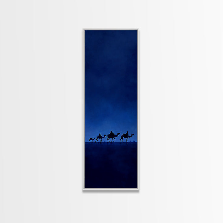 Minimal Blue Camel Caravan Wall Art, African Desert Landscape Print, Safari Decor, Boho Travel Canvas For Calm Living Room