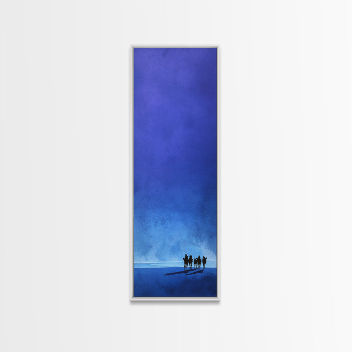 Blue Minimal Camel Riders Canvas Print, African Travel Wall Art, Sahara Desert Decor, Modern Safari Artwork For Peaceful Home
