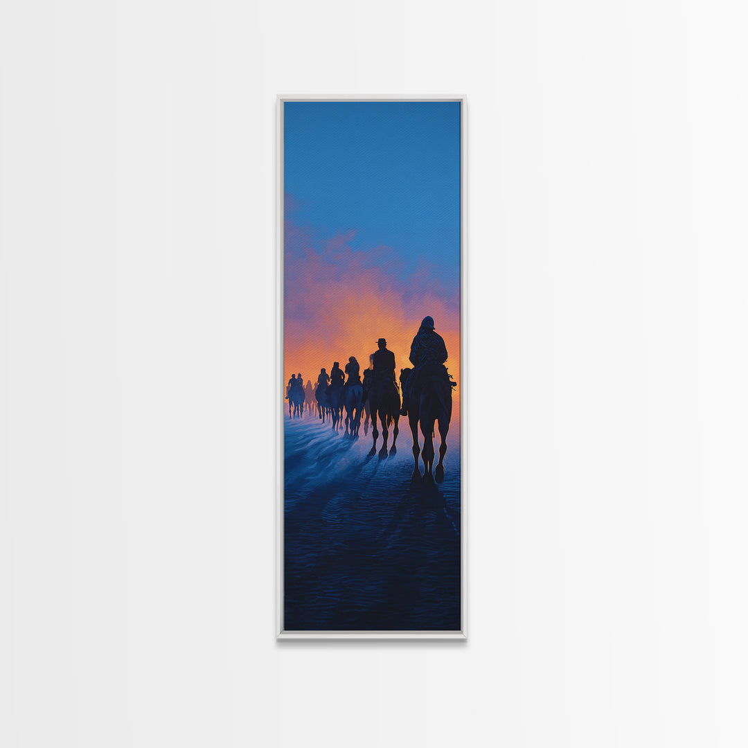 Dawn Camel Caravan In Blue Desert Canvas Print, African Travel Wall Art, Safari Decor, Statement Artwork For Living Room