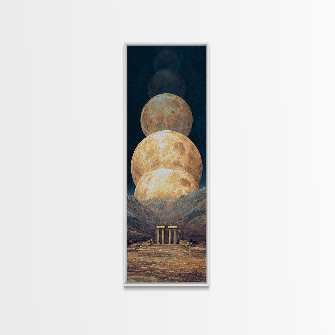 Stacked Golden Moons Over Desert Temple Wall Art, African Inspired Celestial Landscape, Luxury Canvas Decor, Mystical Home Gift