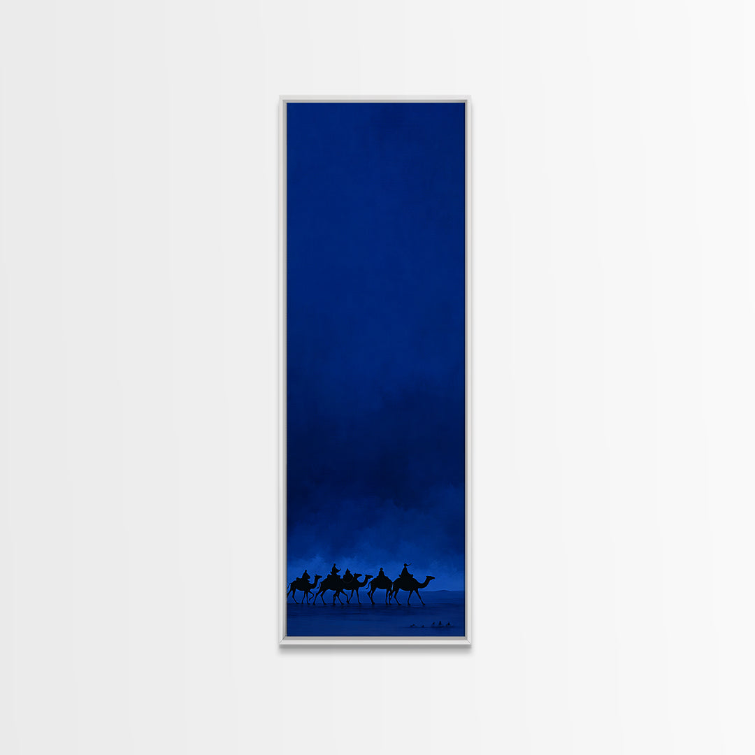 Midnight Blue Camel Caravan Wall Art, African Desert Landscape Print, Minimal Safari Decor, Large Canvas For Modern Home
