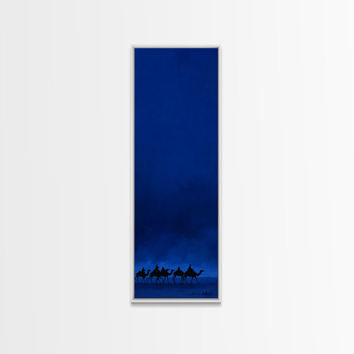 Midnight Blue Camel Caravan Wall Art, African Desert Landscape Print, Minimal Safari Decor, Large Canvas For Modern Home