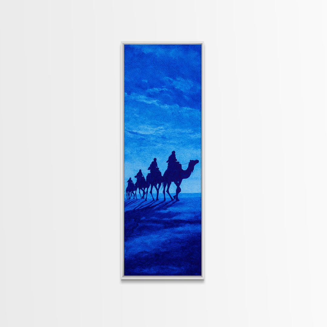 Bright Blue Camel Caravan Canvas Print, African Travel Wall Art, Sahara Desert Decor, Minimal Safari Artwork For Serene Home