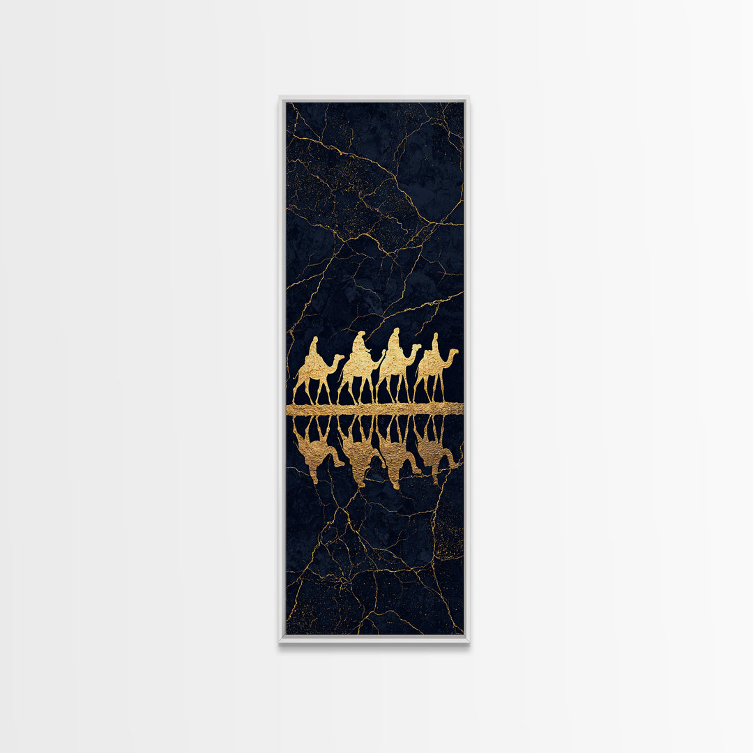Gold Camel Caravan Framed Canvas Print, Black Marble African Safari Art, Luxury Wall Decor, Boho Desert Travel Artwork Gift