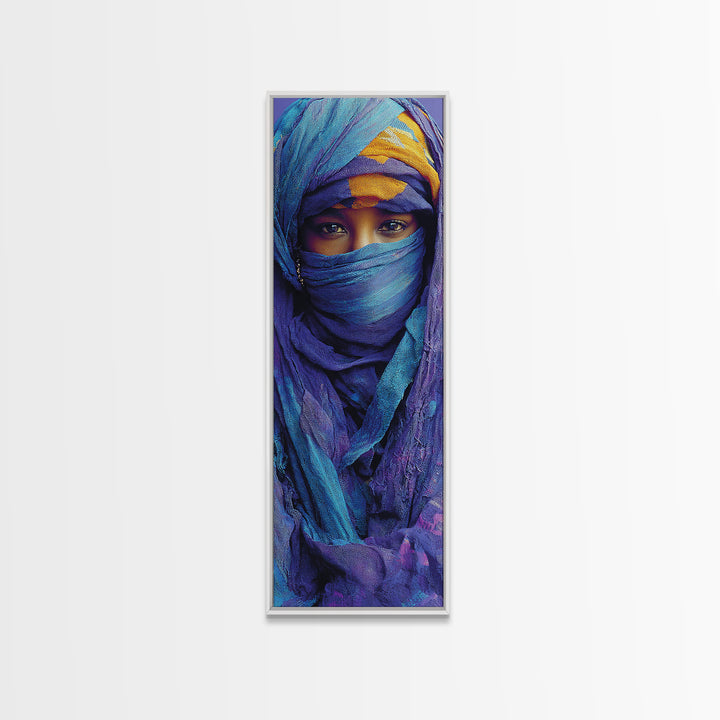Turquoise Veiled African Woman Wall Art, Blue Purple Portrait Canvas Print, Desert Nomad Decor, Black Beauty Art Gift For Her