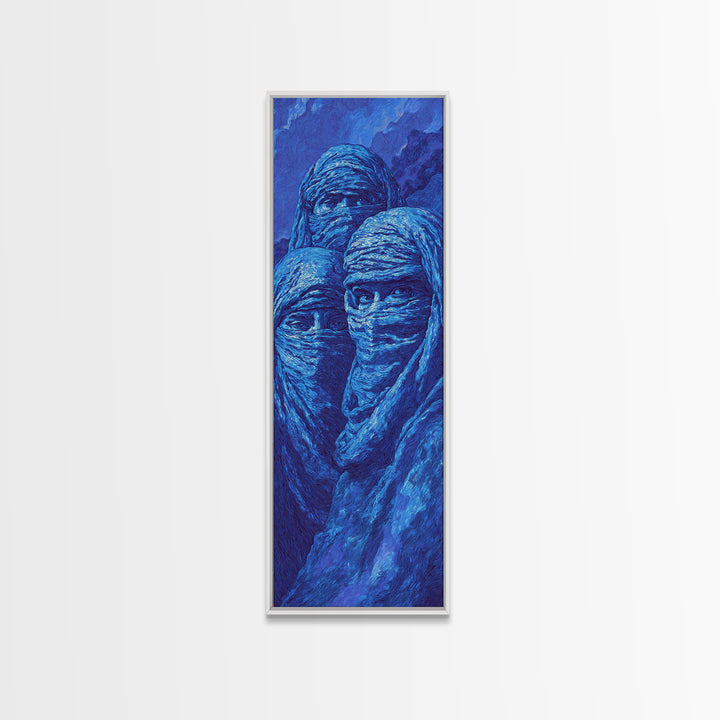 Mystic Blue Veiled Trio Canvas Print, Abstract African Portrait Wall Art, Tuareg Nomad Decor, Spiritual Indigo Artwork Gift