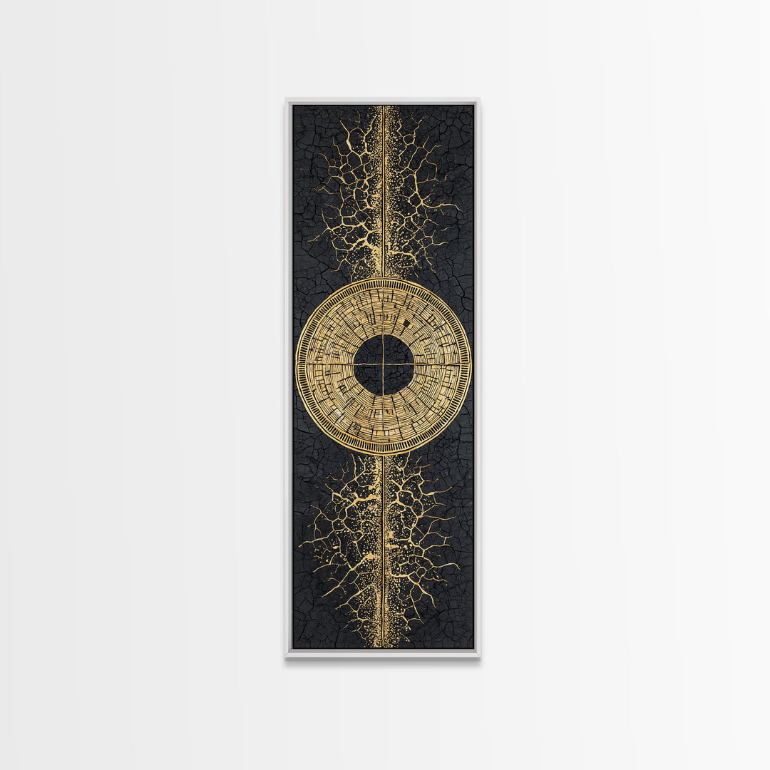 Gold Tribal Sun Disc On Cracked Black Texture Wall Art, African Abstract Decor, Modern Afrocentric Canvas, Statement Home Decor
