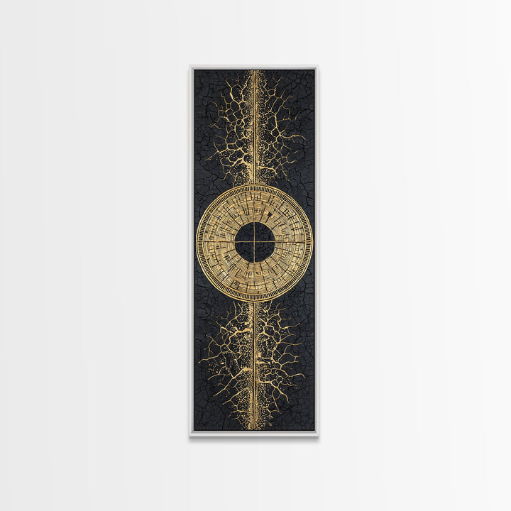 Gold Tribal Sun Disc On Cracked Black Texture Wall Art, African Abstract Decor, Modern Afrocentric Canvas, Statement Home Decor