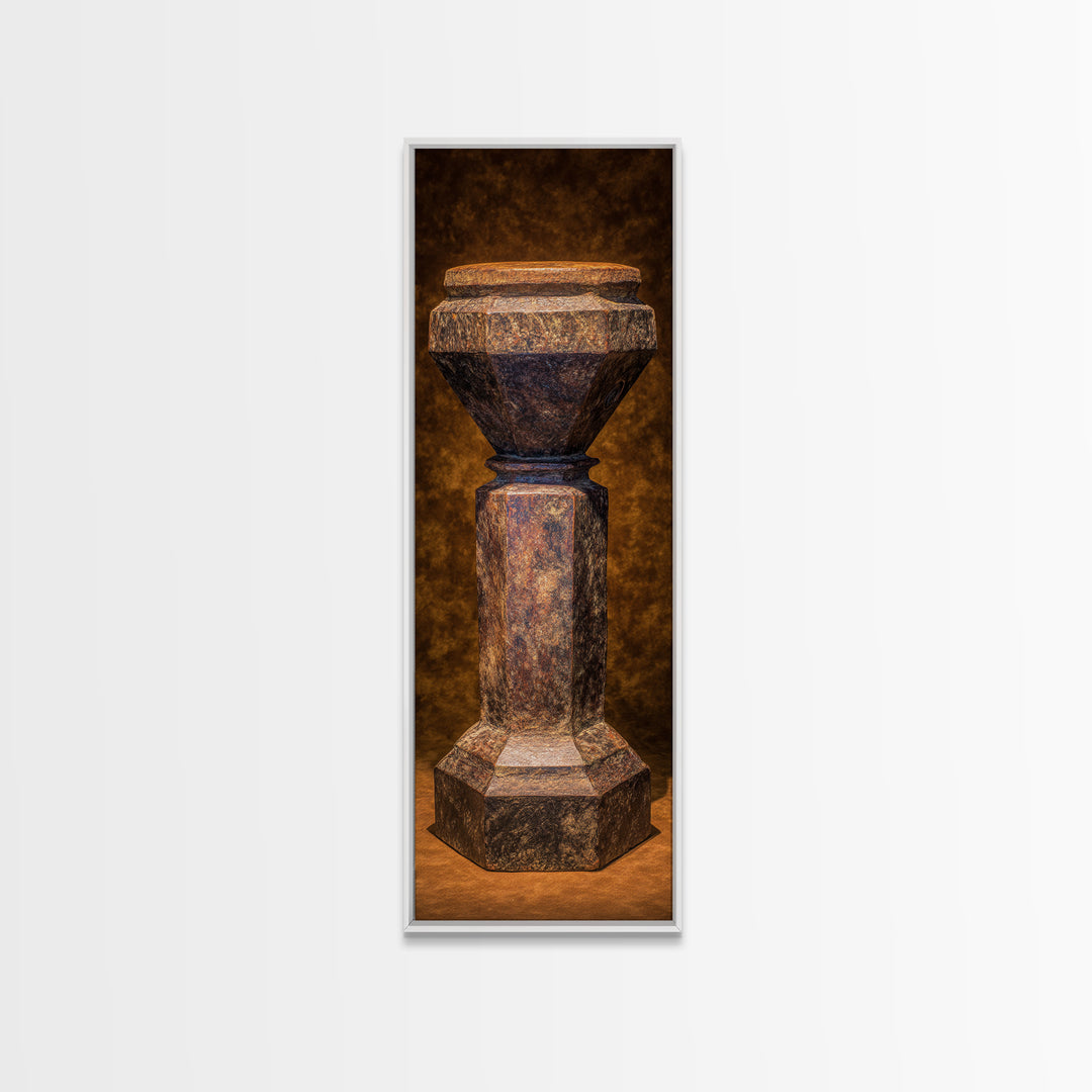 Rustic African Pedestal Sculpture Framed Canvas Print, Tribal Art Decor, Earth Tone Wall Decor, Unique Cultural Home Decor