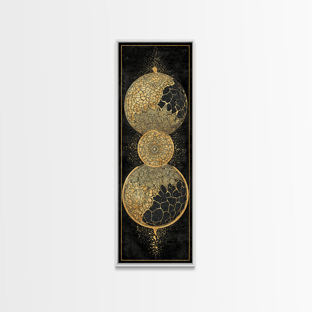 Cracked Gold Celestial Orbs On Black Canvas Print, African Abstract Wall Art, Modern Geometric Decor, Luxury Statement Home Gift