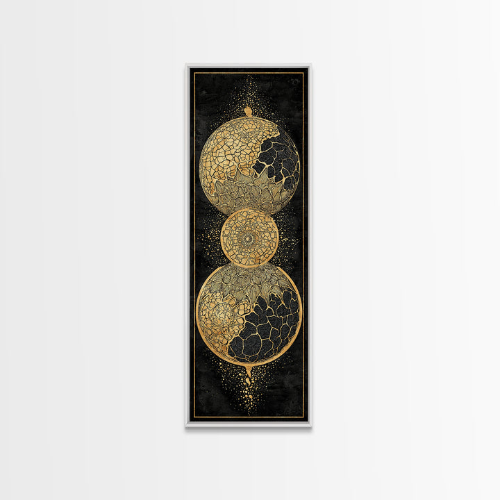 Cracked Gold Celestial Orbs On Black Canvas Print, African Abstract Wall Art, Modern Geometric Decor, Luxury Statement Home Gift