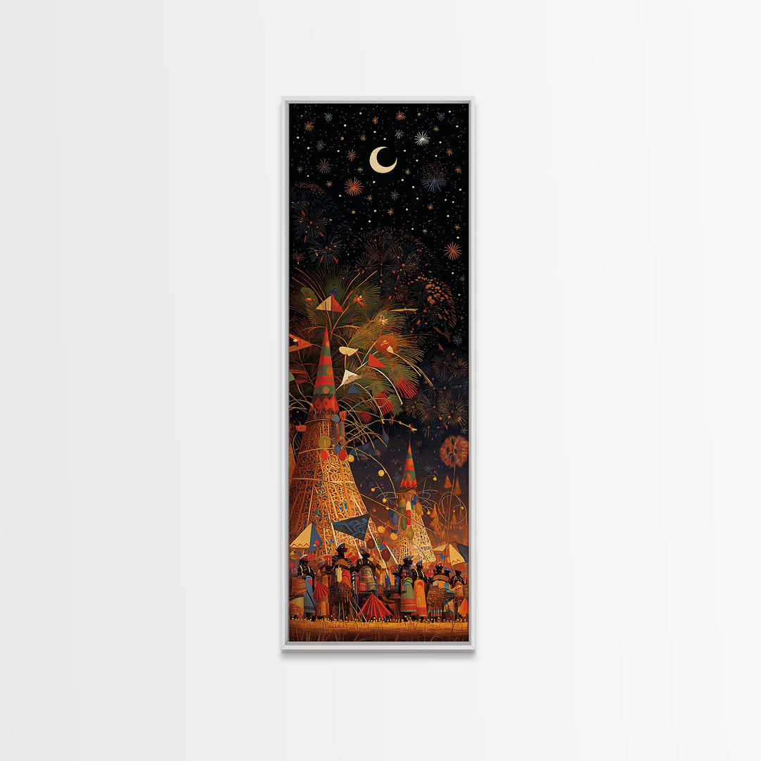 Starry African Village Night Wall Art, Crescent Moon Festival Scene, Afrocentric Decor, Mystical Cultural Canvas Print Gift