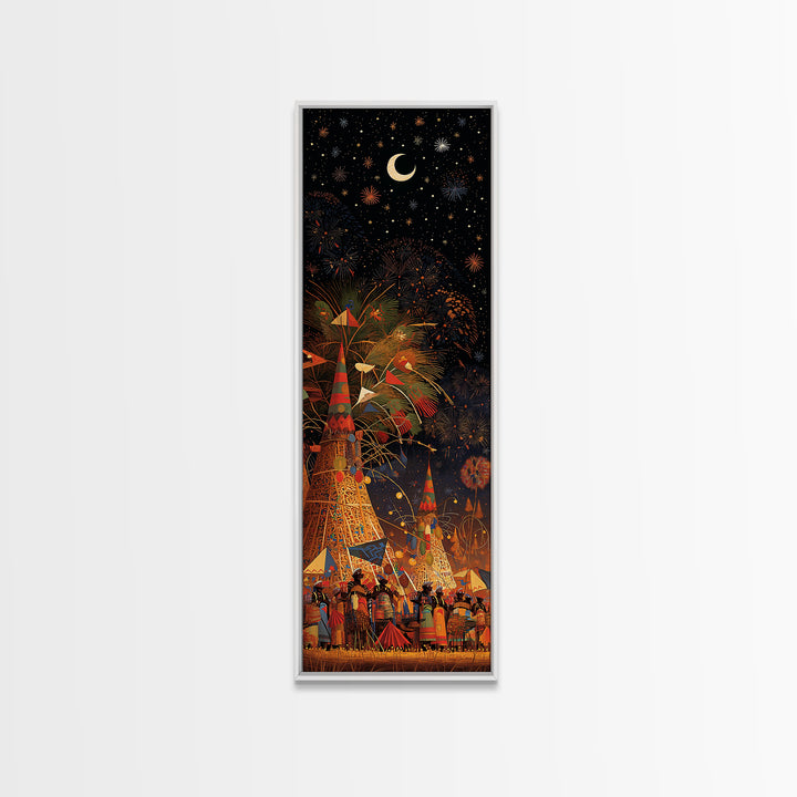 Starry African Village Night Wall Art, Crescent Moon Festival Scene, Afrocentric Decor, Mystical Cultural Canvas Print Gift