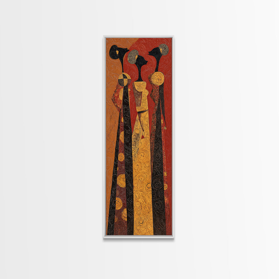 Stylized African Women In Tall Robes Framed Canvas Print, Tribal Queen Wall Art, Ankara Pattern Afrocentric Home Decor Gift