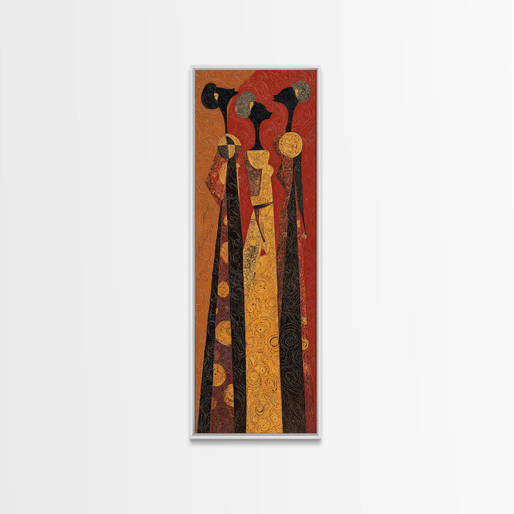Stylized African Women In Tall Robes Framed Canvas Print, Tribal Queen Wall Art, Ankara Pattern Afrocentric Home Decor Gift