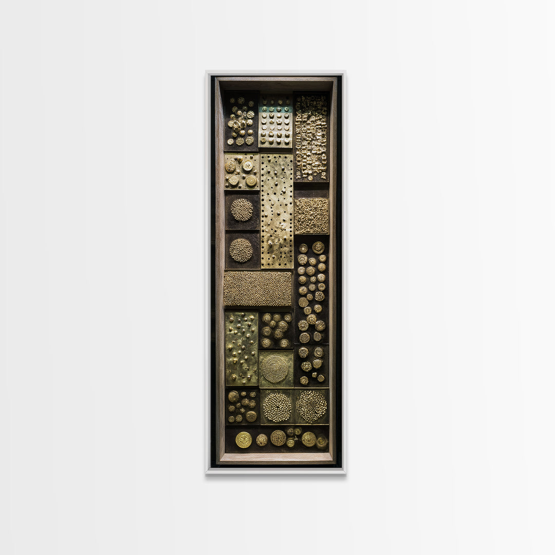 Textured Gold Tribal Assemblage Framed Canvas Print, African Inspired Wall Decor, Ethnic Abstract Art, Bold Unique Home Gift