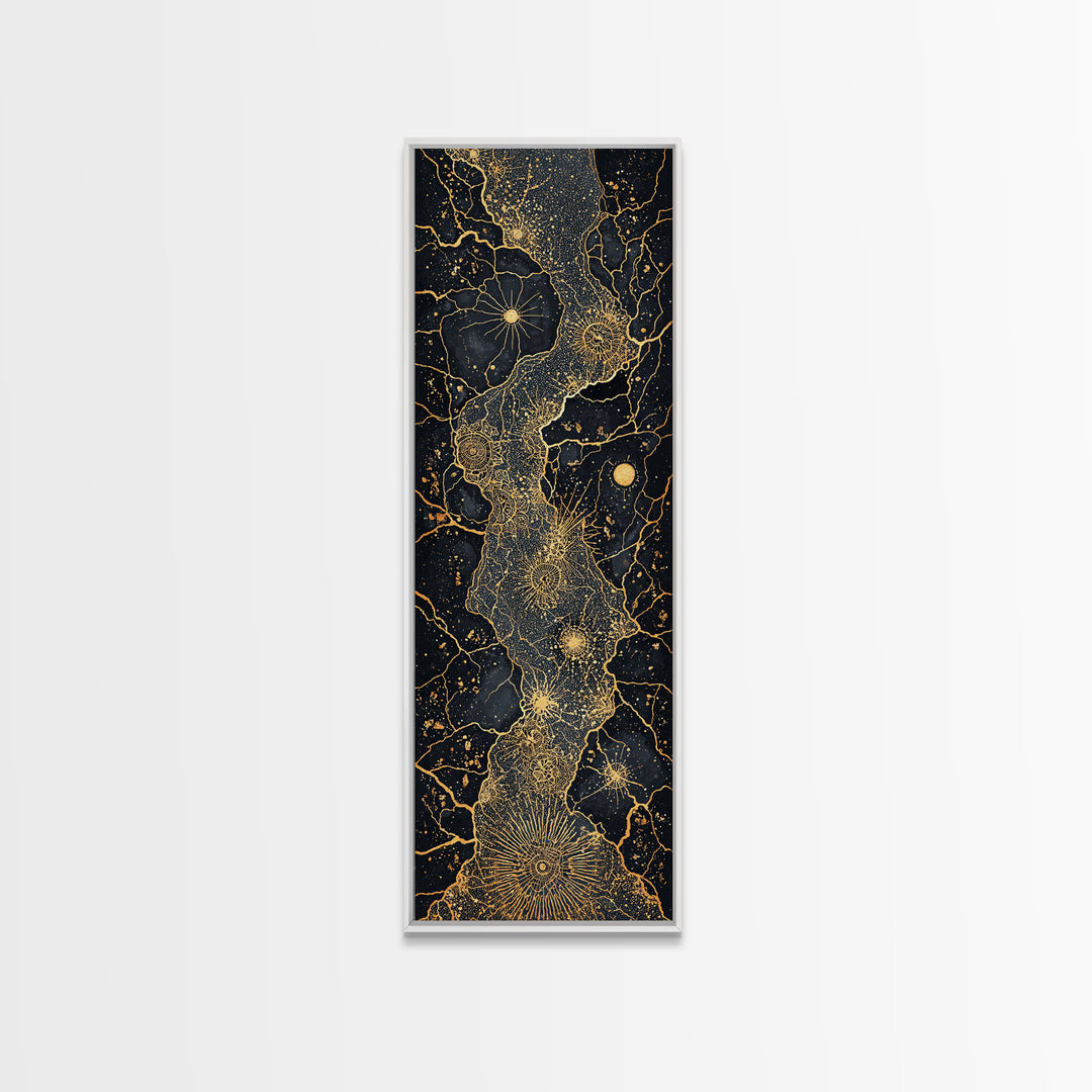 Gold Celestial African Woman Figure On Black Map Lines, Wall Art, Abstract African Art Print, Luxury Canvas Decor Gift For Her