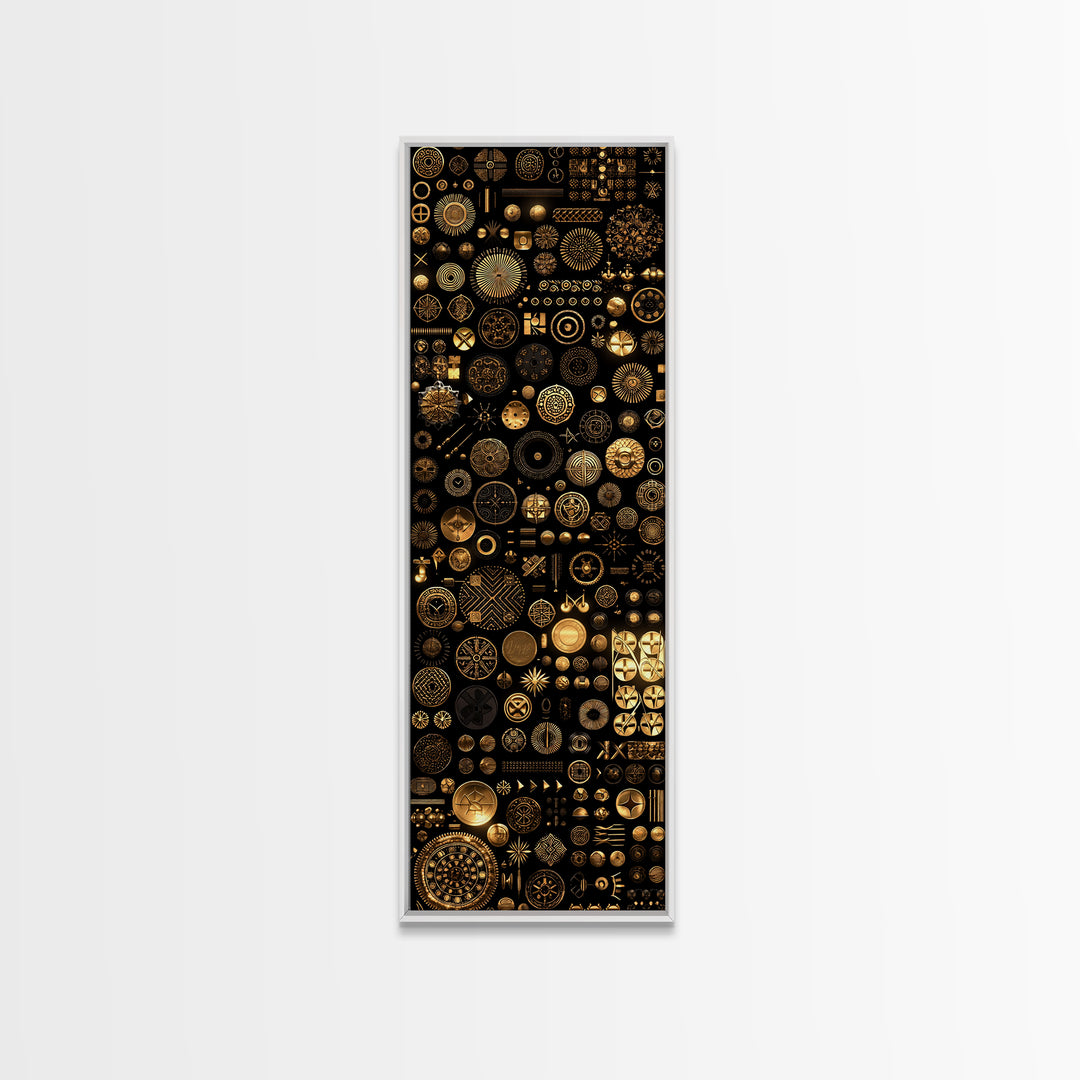 Gold African Symbol Collage On Black Wall Art, Geometric Tribal Decor, Afrocentric Patterns, Modern Canvas Print Unique Gift