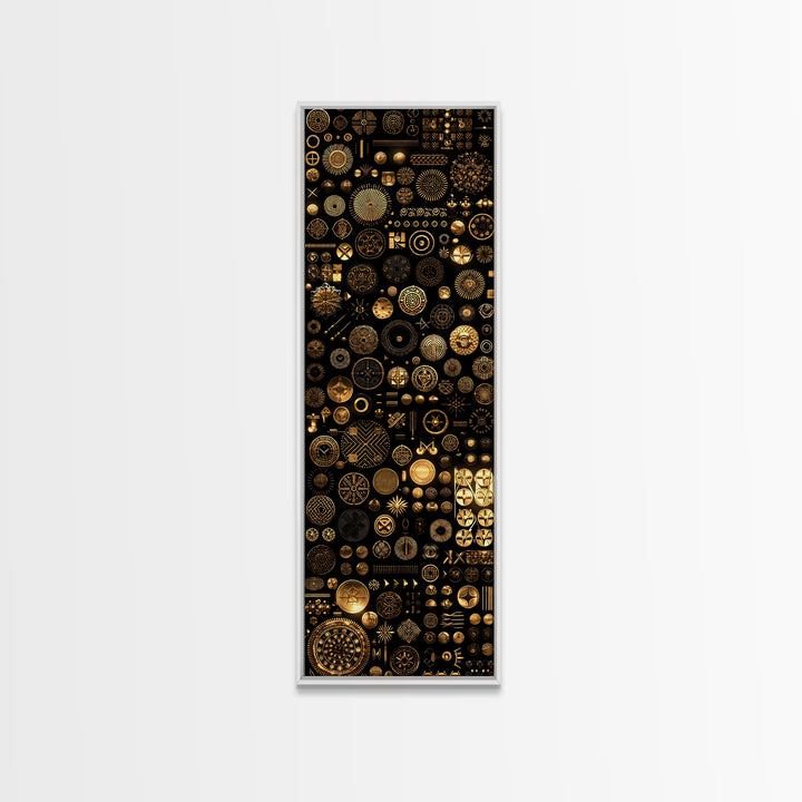 Gold African Symbol Collage On Black Wall Art, Geometric Tribal Decor, Afrocentric Patterns, Modern Canvas Print Unique Gift