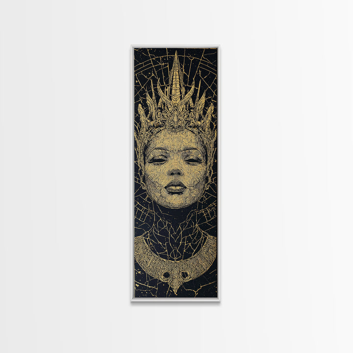 Golden Crowned African Queen Portrait Wall Art, Black Woman Canvas, Afrocentric Decor, Tribal Goddess, Luxury Home Decor