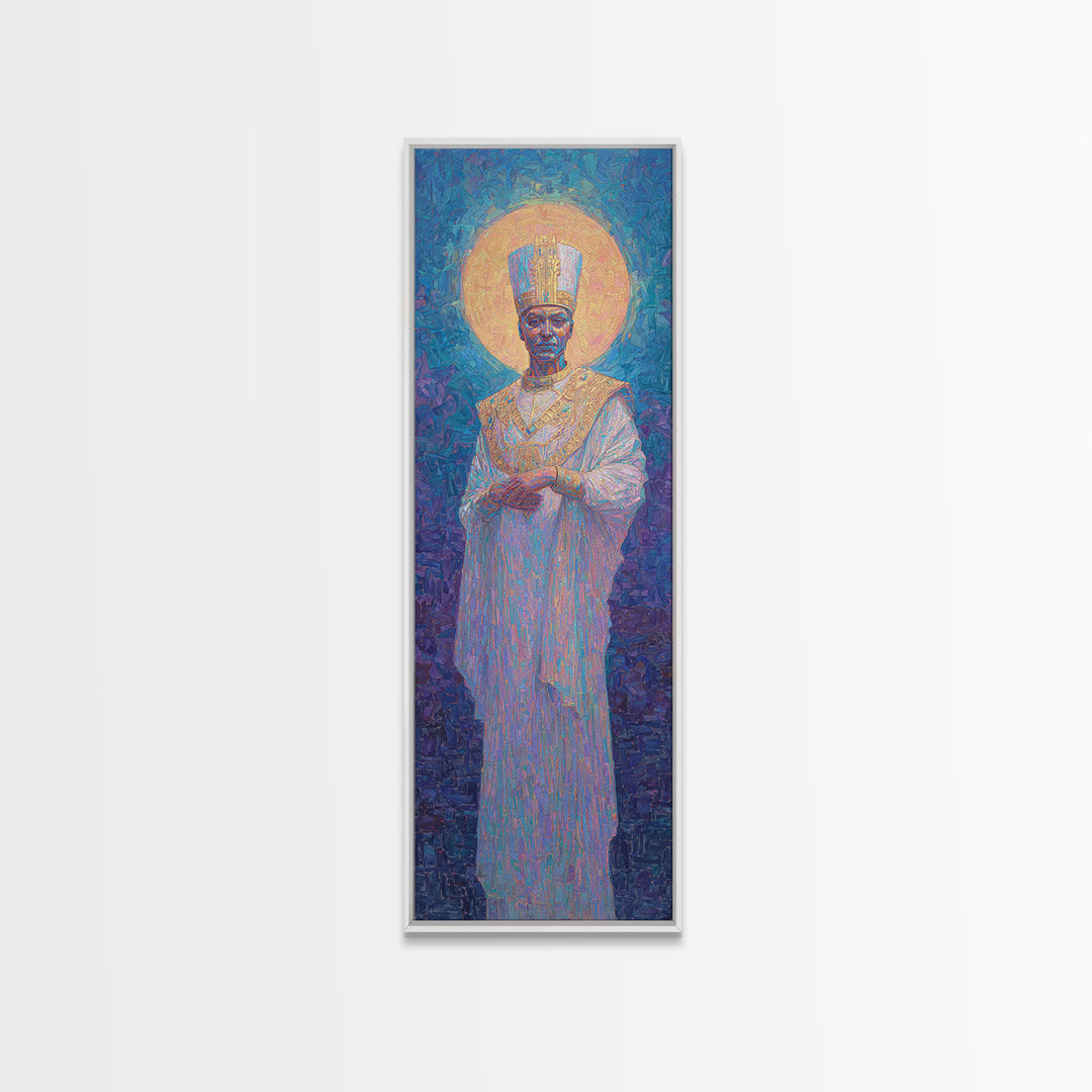 Haloed African King In White Robe Canvas Print, Afrocentric Wall Decor, Royal Portrait, Spiritual Art, Elegant Home Decor