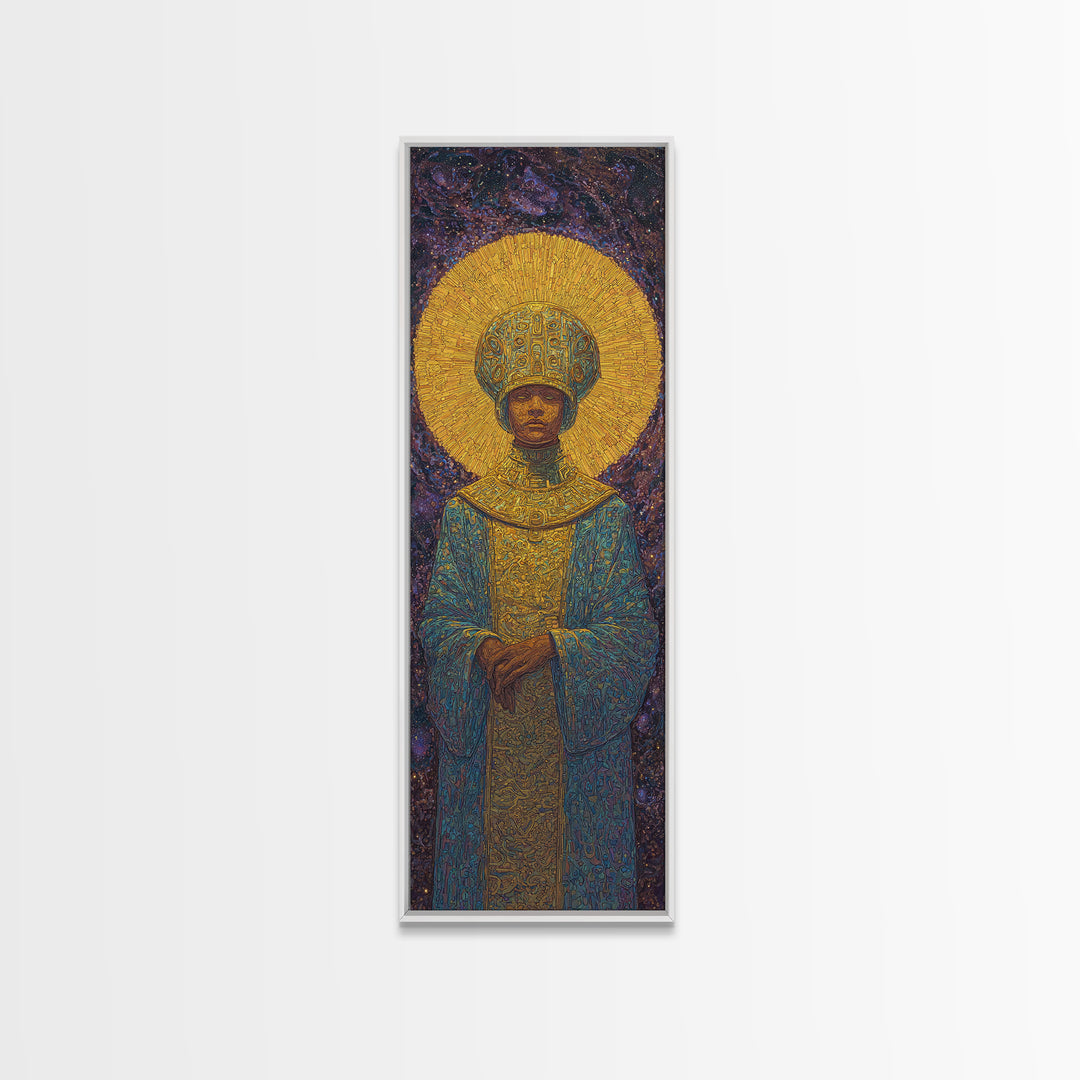 Golden Halo African Monarch Framed Canvas Print, Royal Black Art, Afrocentric Wall Decor, Spiritual Portrait, Statement Art