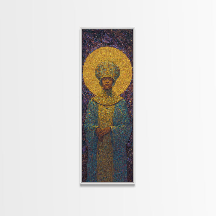 Golden Halo African Monarch Framed Canvas Print, Royal Black Art, Afrocentric Wall Decor, Spiritual Portrait, Statement Art