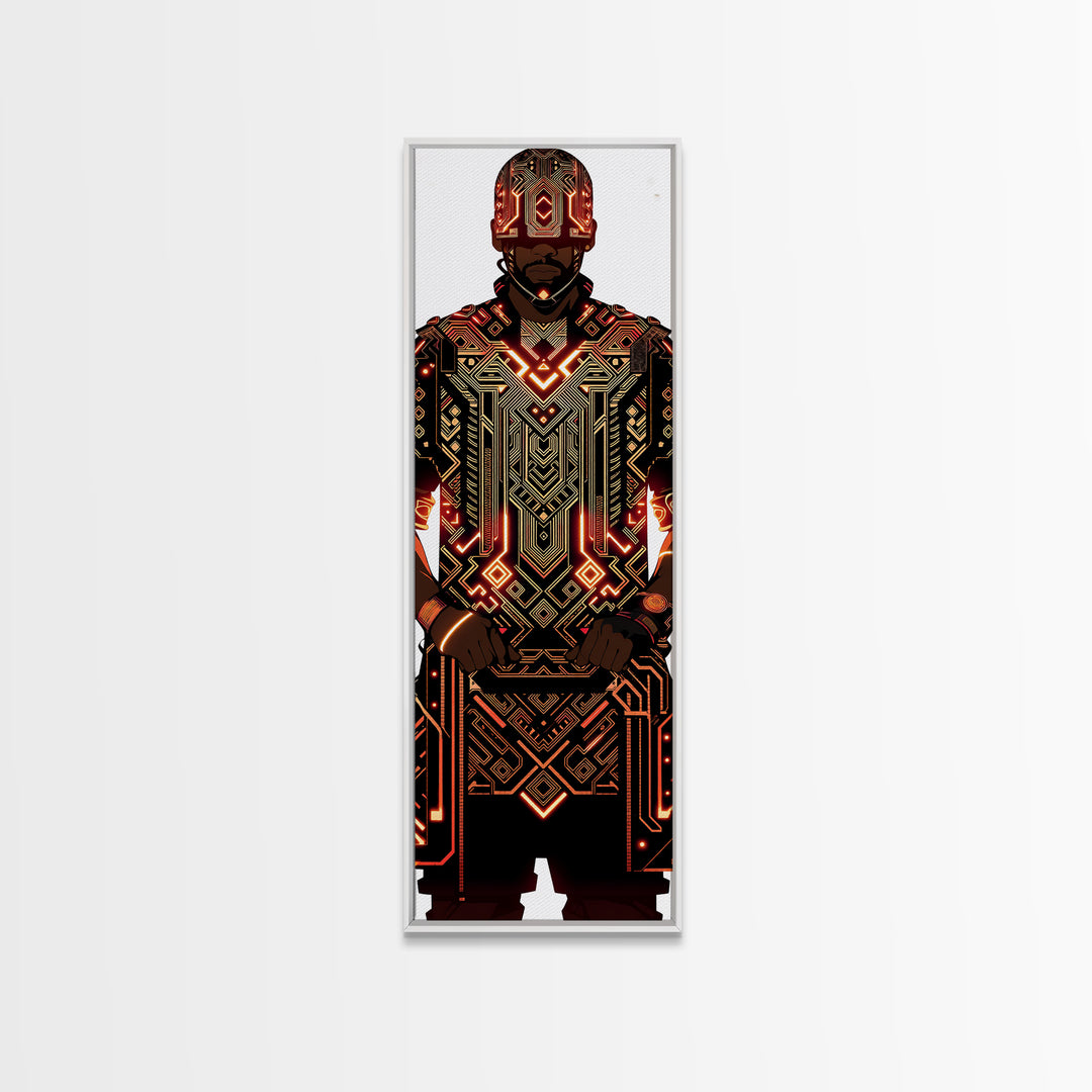 Futuristic African Warrior In Glowing Armor Canvas Print, Afrofuturism Decor, Tribal Art, Black Man Portrait, Bold Wall Decor