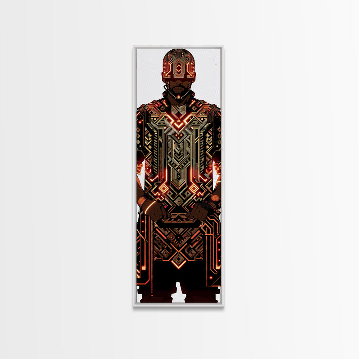 Futuristic African Warrior In Glowing Armor Canvas Print, Afrofuturism Decor, Tribal Art, Black Man Portrait, Bold Wall Decor