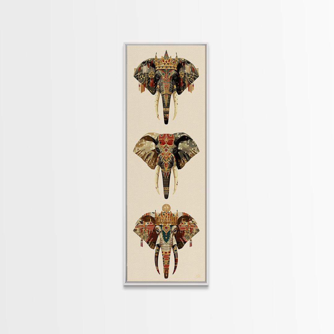 Jeweled African Elephant Trio Canvas Print, Regal Safari Wall Decor, Tribal Animal Art, Crowned Elephant, Boho Home Decor