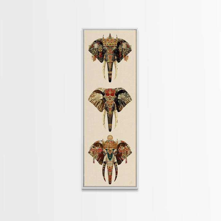 Jeweled African Elephant Trio Canvas Print, Regal Safari Wall Decor, Tribal Animal Art, Crowned Elephant, Boho Home Decor